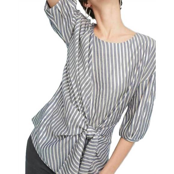 NEW EVA FRANCO yang top front tie blouse in stripe gold  lurex - Picture 1 of 4